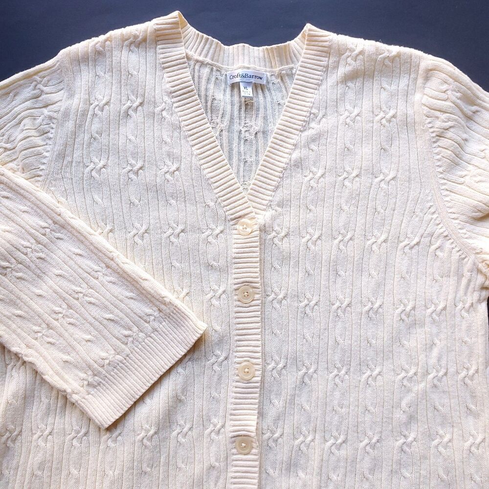VTG 3/4 Sleeve Cable Knit Cardigan Sweater XL 90s Butter Mom Yellow Grandmacore